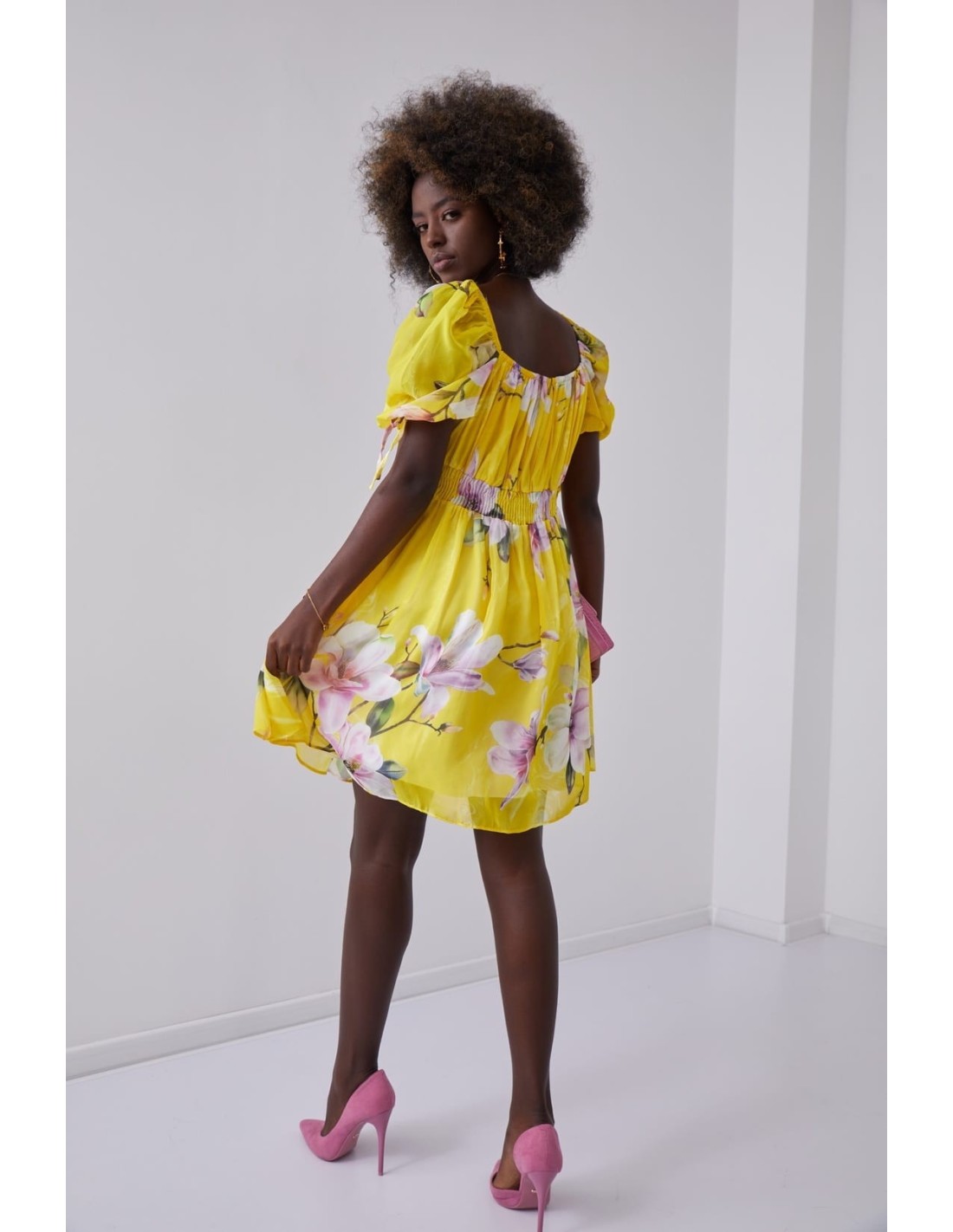 Airy dress with gathered waist, yellow 030800 - Online store - Boutique